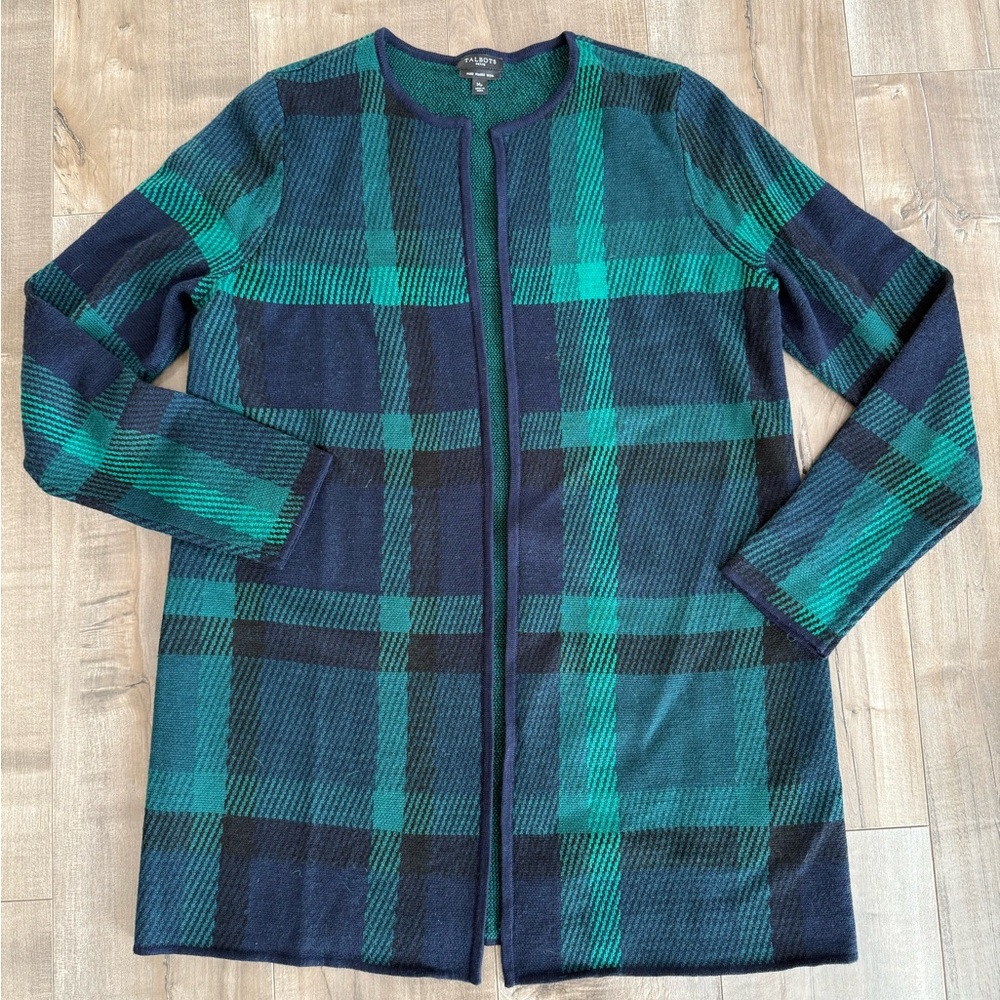 Talbots Petite Cardigan Merino Wool Medium‎ Open Plaid Blue Green Buffalo Plaid
